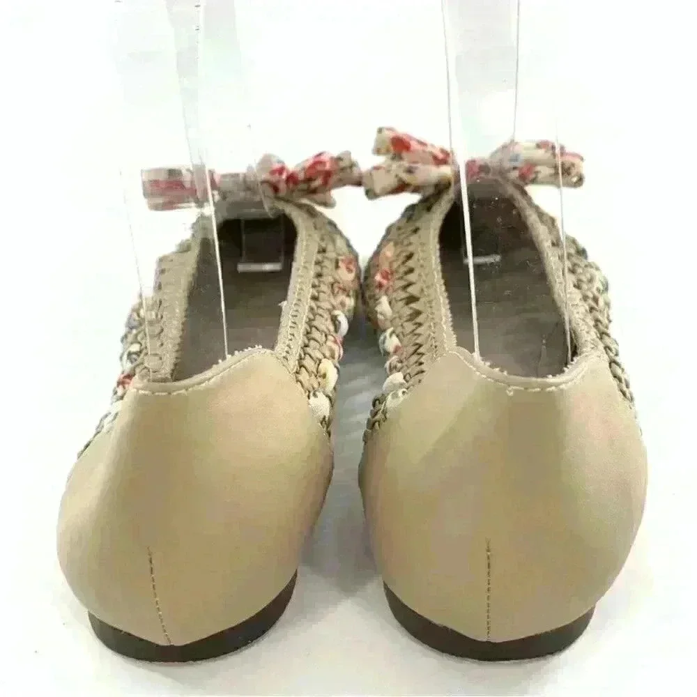 Restricted womens flats size 6 taupe leather floral scarf bow ballet granny core